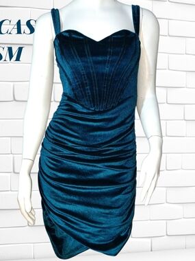 ʕ·ᴥ·ʔ Micas Ruched Velvet Mini Dress in Teal with Sweetheart Bust